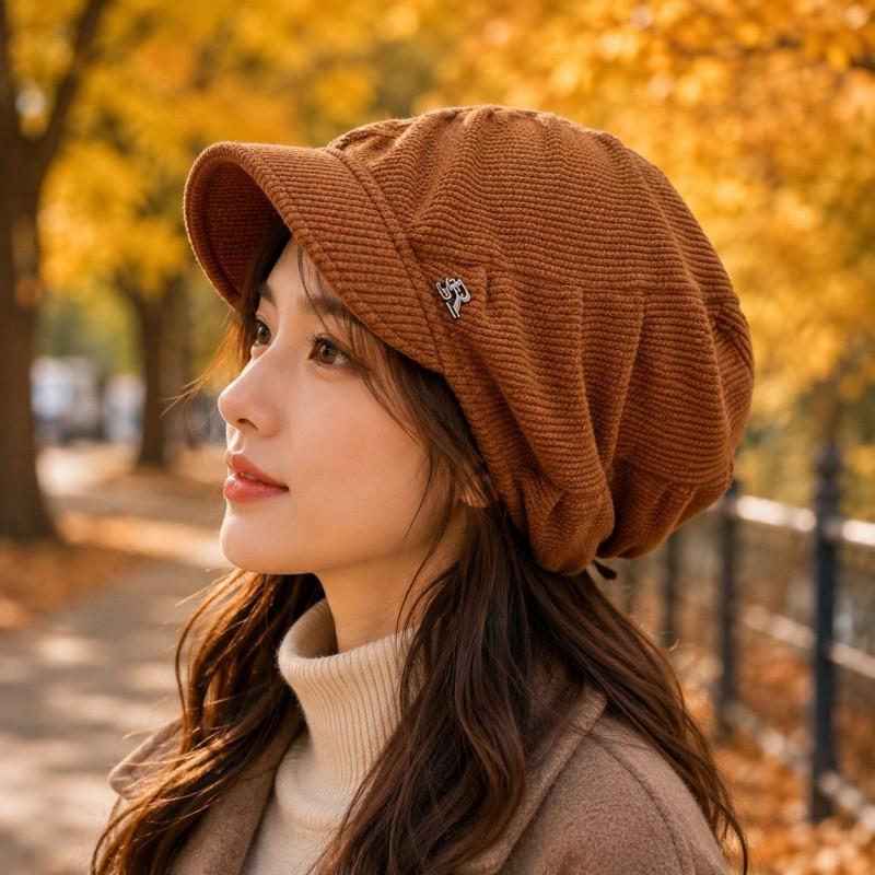 Womens Warm Knit Beanie Hat With Letter Print Foldable Winter Headwear Cold Weather Ear Protection Slimming Face Effect