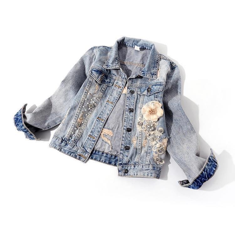 Loose Three-dimensional Button Pearls Outwear Ripped Jeans  Spring Autumn Women's Denim Jacket Long Sleeve Overcoat Jackets Plus Size
