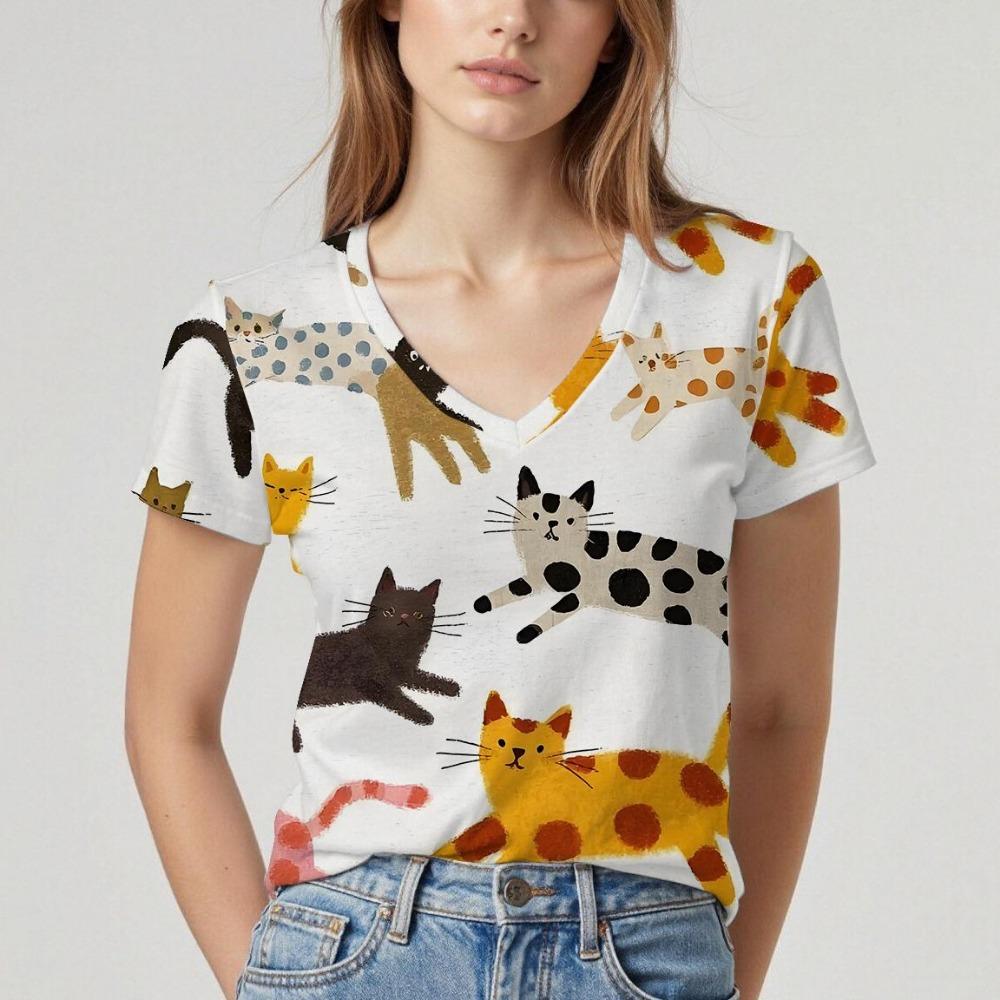 New V-neck women's short-sleeved T-shirt with cat pattern design. Summer top with soft texture, comfortable and breathable