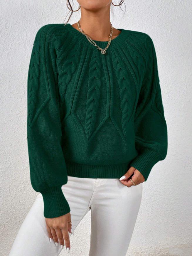 Women's Round Neck Cable Knit Sweater - Long Sleeve, Solid Color, Autumn Winter Versatile Pullover.