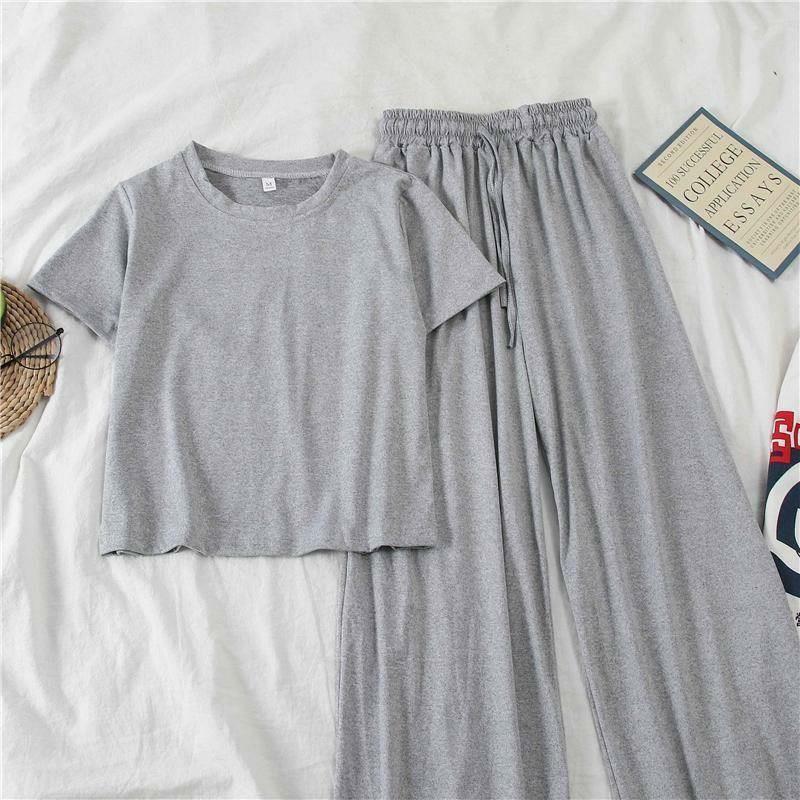 Korean Chic Petite Two-Piece Set: Short Sleeve & Wide-Leg Pants for Women