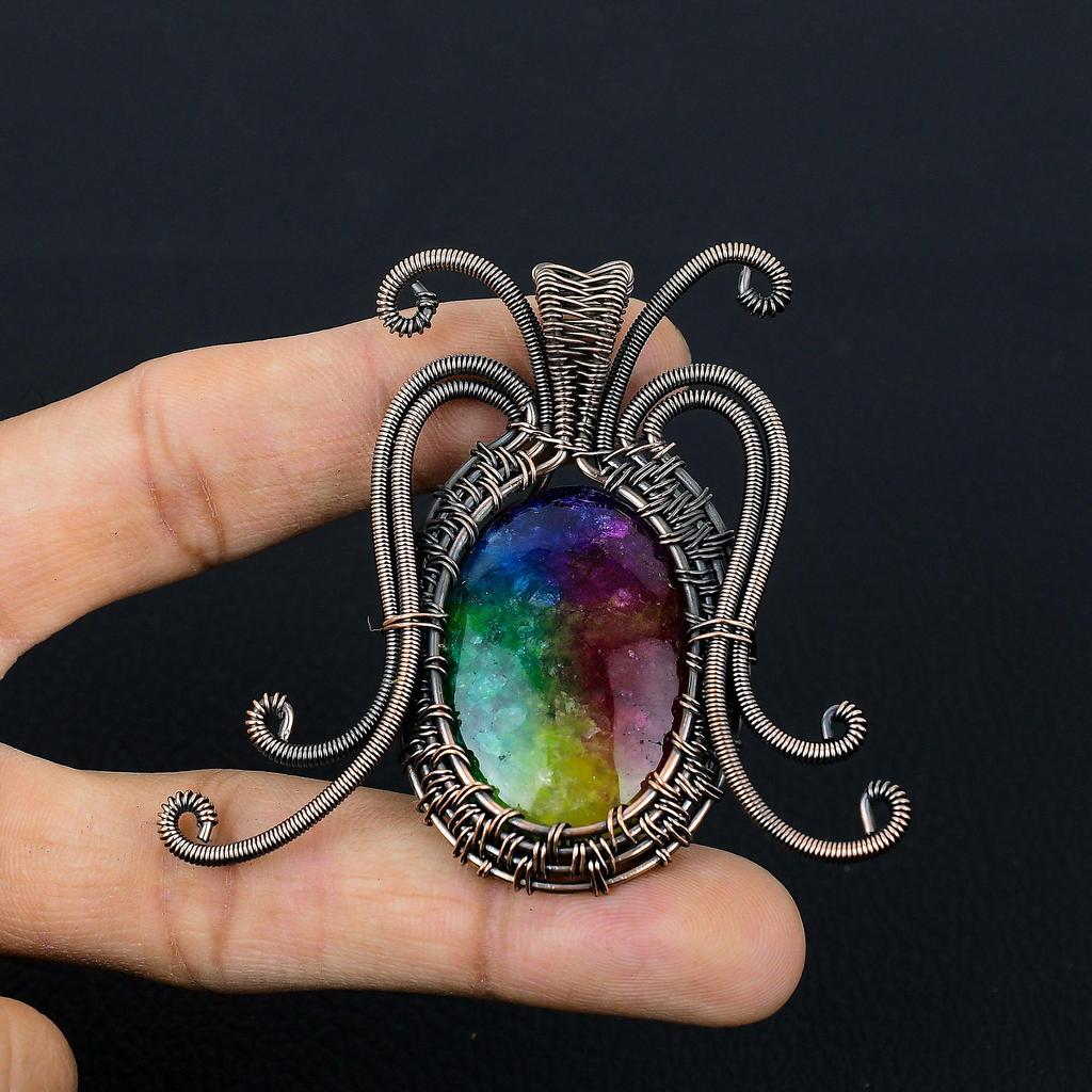 Butterfly Shaped Rainbow Solar Quartz Gemstone Pure Copper Wire Wrapped Handmade Pendant Jewelry For Her