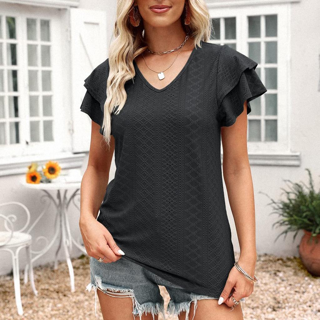 Women's V Neck T Shirt Summer Hollow Casual Ruffle Sleeve Tops Blouse