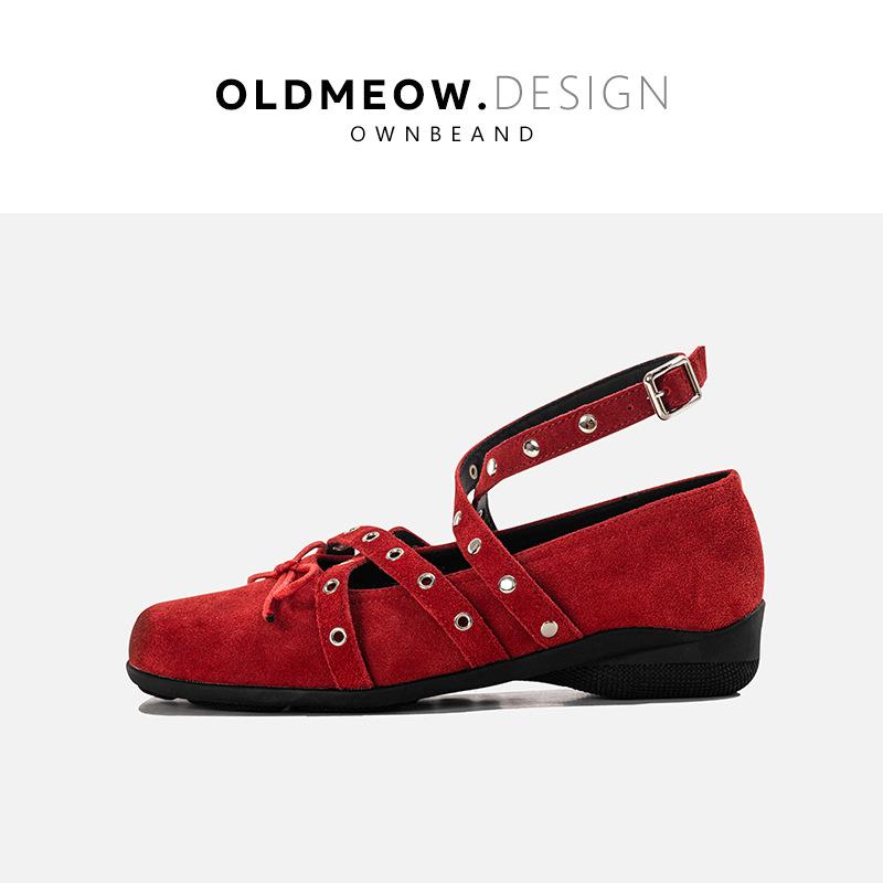 Rote gekreuzte Riemchen Schleife bequeme weichsohlige Einzelchuhe Damen 2025 neu Herbst flacher Mund Nieten flachsohlige Ballerinas