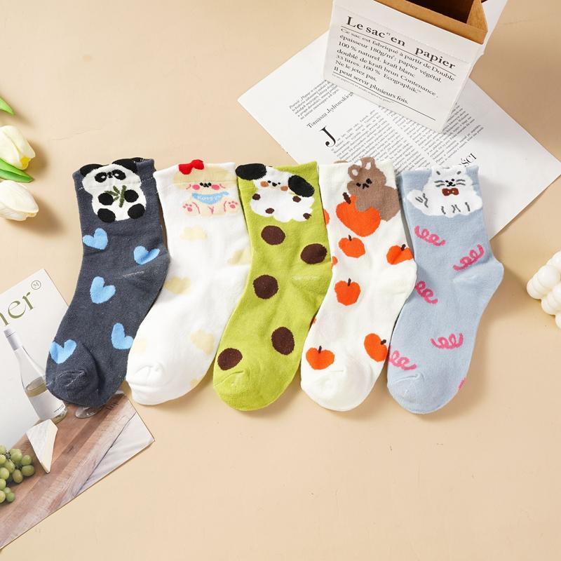 1/5 Pairs Women's Cute Cartoon Mid Calf Socks Pure Sotton Skin-friendly Breathable Mid-tube Socks Suitable for All Seasons