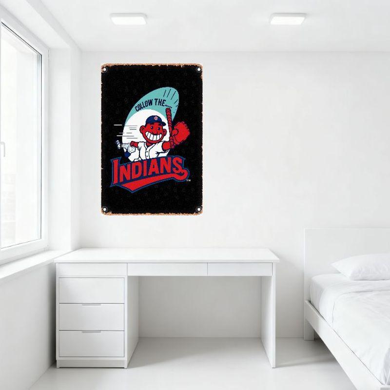 Vintage Style Metal Tin Sign with Native American Baseball Character - Follow the Indians, Weathered Rustic Wall Decor for Man C