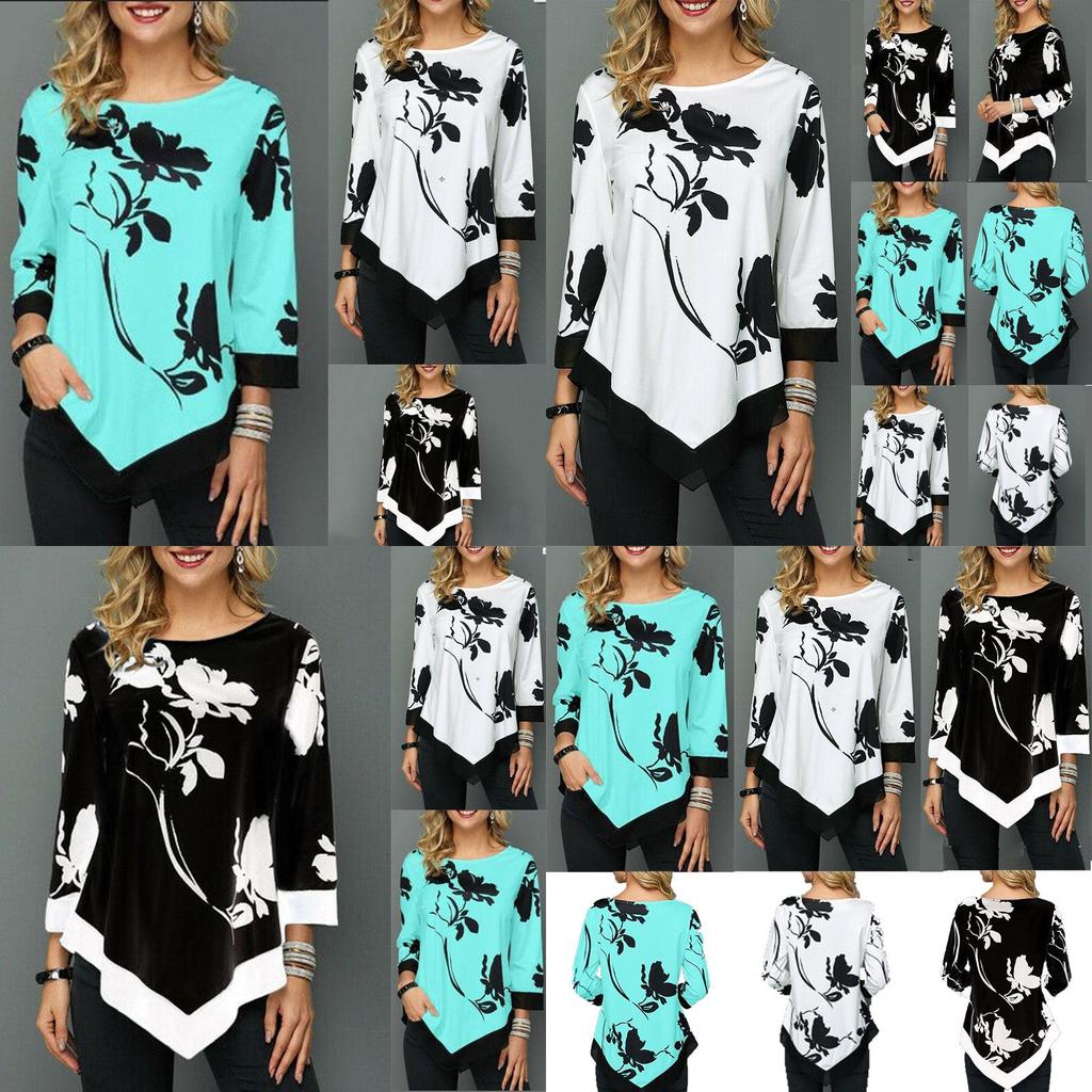 Elegant Women Irregular Floral Blouse Tee With Asymmetric Hem And Round Neck
