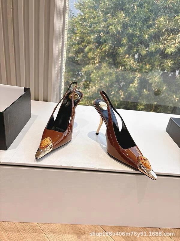 2025 spring and summer French high-end sexy square head single shoes metal iron head stiletto high heels rhinestone rear empty sandals