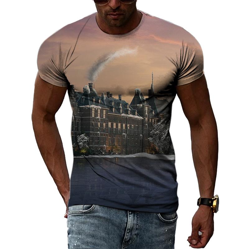 Zajímavé Kreativní Kresba Hrad Krajina Muži Trička 3D Móda Ležérní Osobnost Hip Hop Harajuku Potisk Tričko s krátkým rukávem