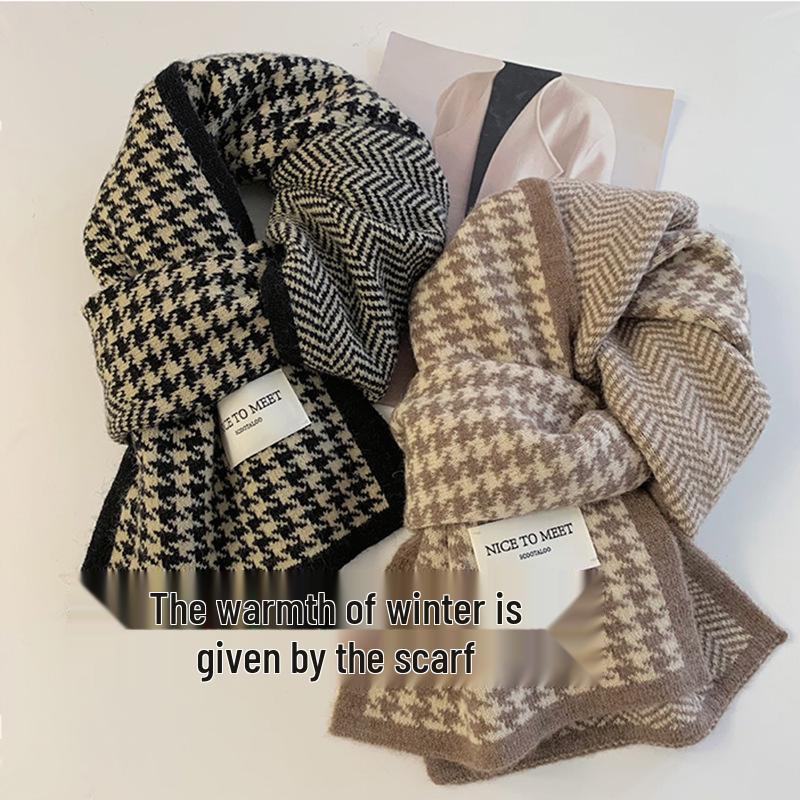 Korean-Style Houndstooth Knitted Round Neck Scarf - Warm, Versatile, Trendy Autumn/Winter Accessory