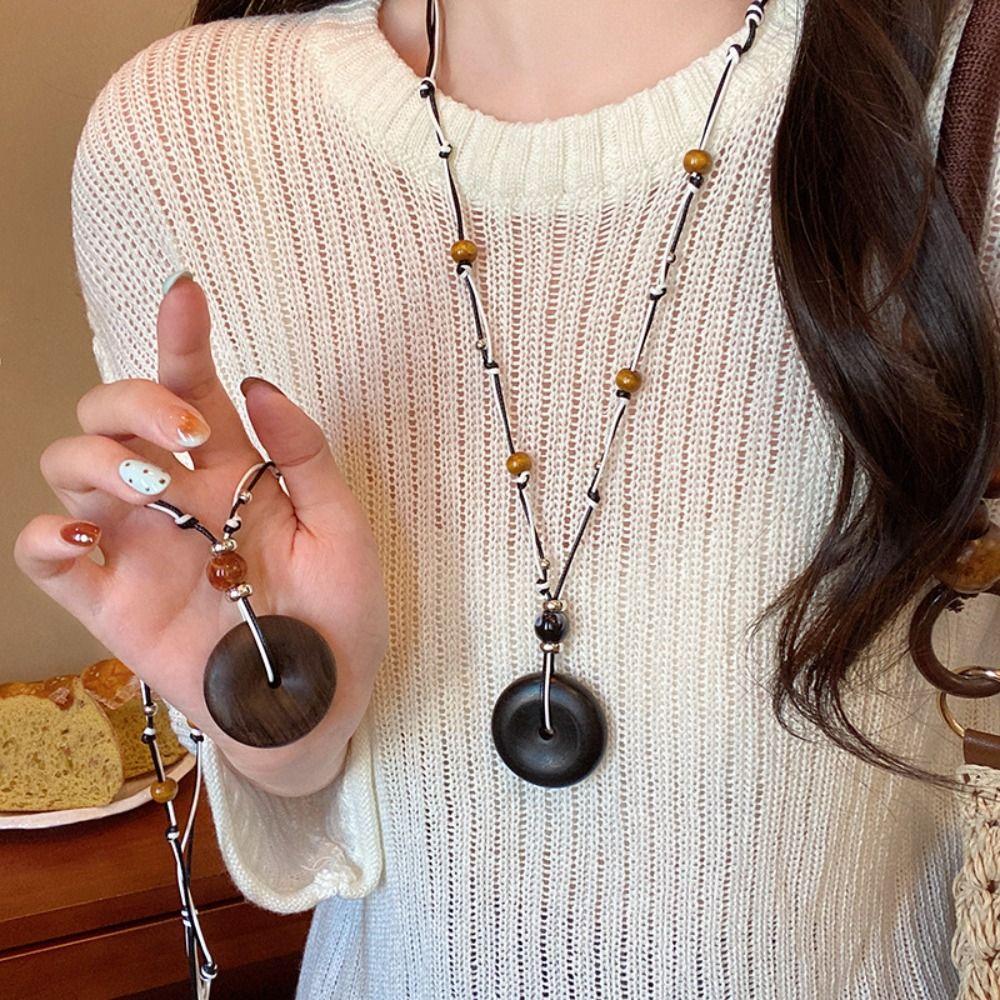Auspicious Cloud Vintage Wood Necklace Adjustable Long Necklace for Women Jewelry