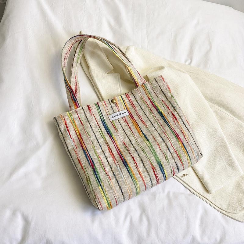 

Unique Large Rainbow Stripe Canvas Tote Bag Ideal For Street Fashion And Casual Use бежевий