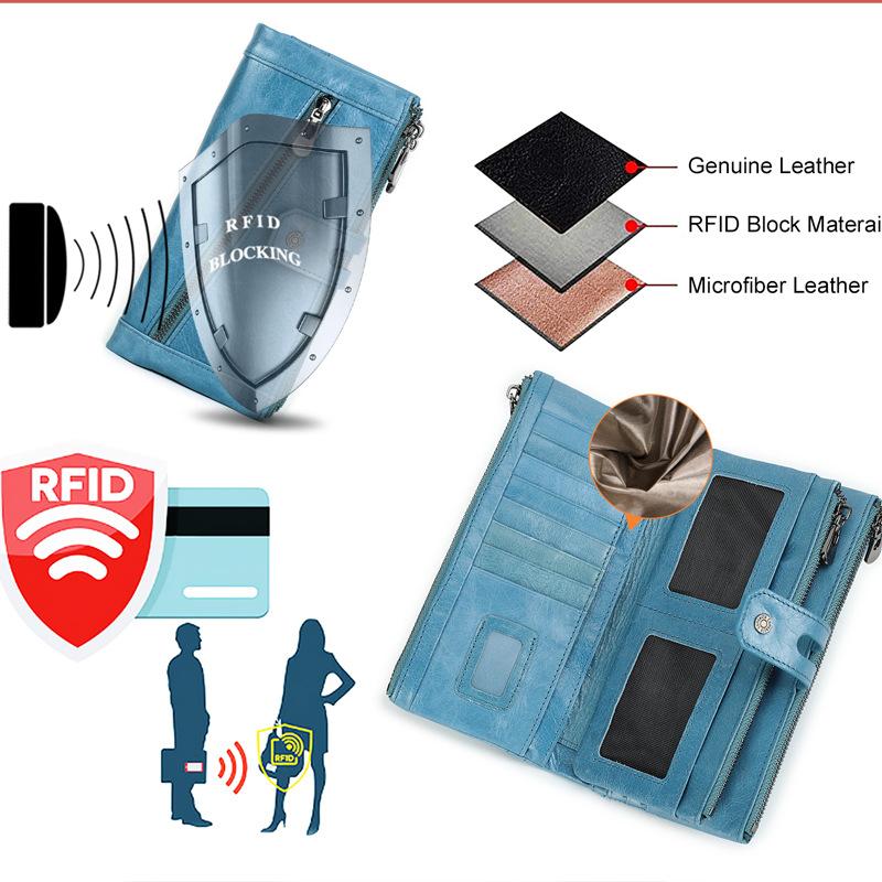 Triple Layer Zipper Women Long Wallet Old Fashioned Genuine Leather Ladies 3 Fold Coin Purse RFID Anti-theft Money Clips Card Holder Bag for Wife Gift