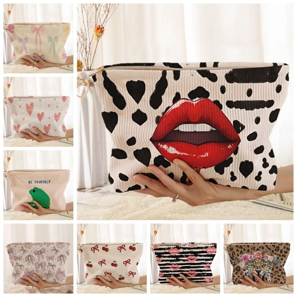Lip Pattern Printed Makeup Bag Lightweight Bow Tie Cosmetic Storage Bag Leopard Print Tiger Cat Frog Toiletries Organizer