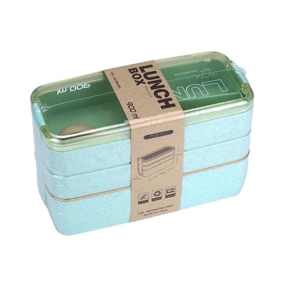 

Портативный 3-секционный пластиковый контейнер для ланча бенто без BPA с ложкой и палочками для еды зелёный