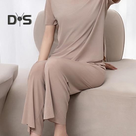 2-teiliges Sommer-Pyjama-Set mit O-Ausschnitt, kurzärmeligem T-Shirt, elastischer Bund, lange Hosen, einfarbige Nachtwäsche aus Eisseide