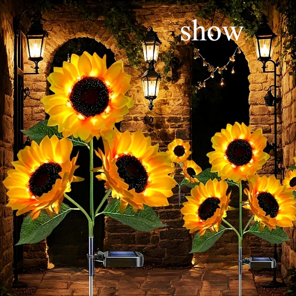 Solar Simulation Flower Lamp, Outdoor Decoration with 3 LED Sunflower Yellow Flower Lamp, Suitable for Courtyard, Villa, Lawn, Garden