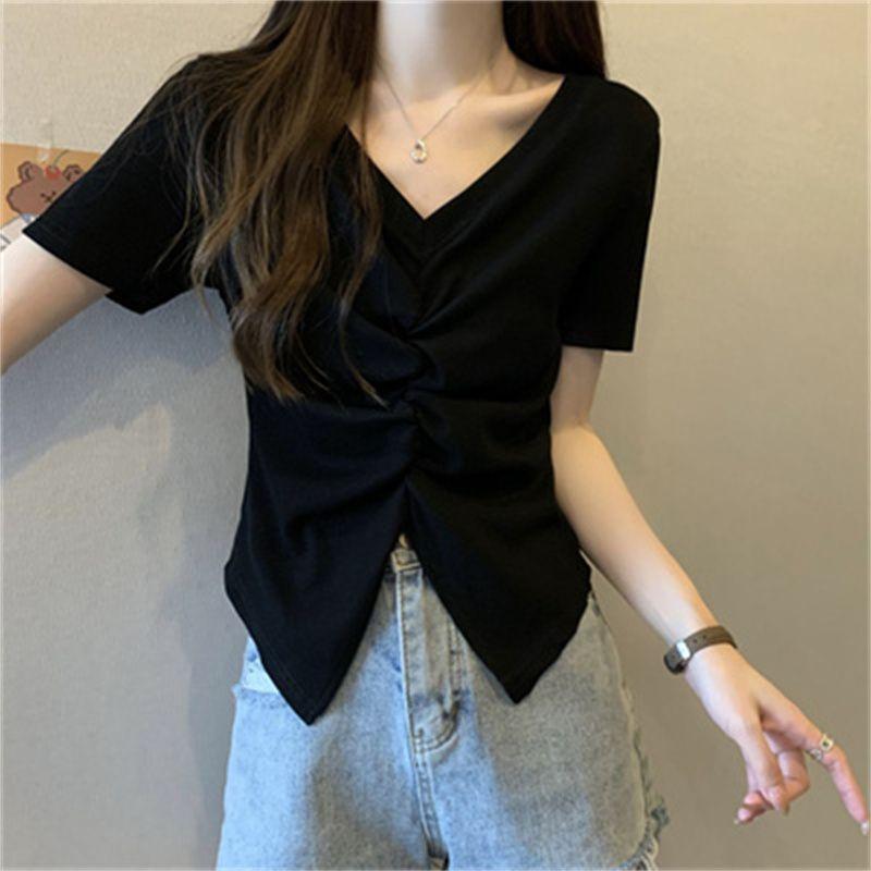 Hotsweet American Style Summer Women's Clothing Solid T-Shirts V-Neck Pleated Fashion Casual Young Style Slim Short Sleeve Tops
