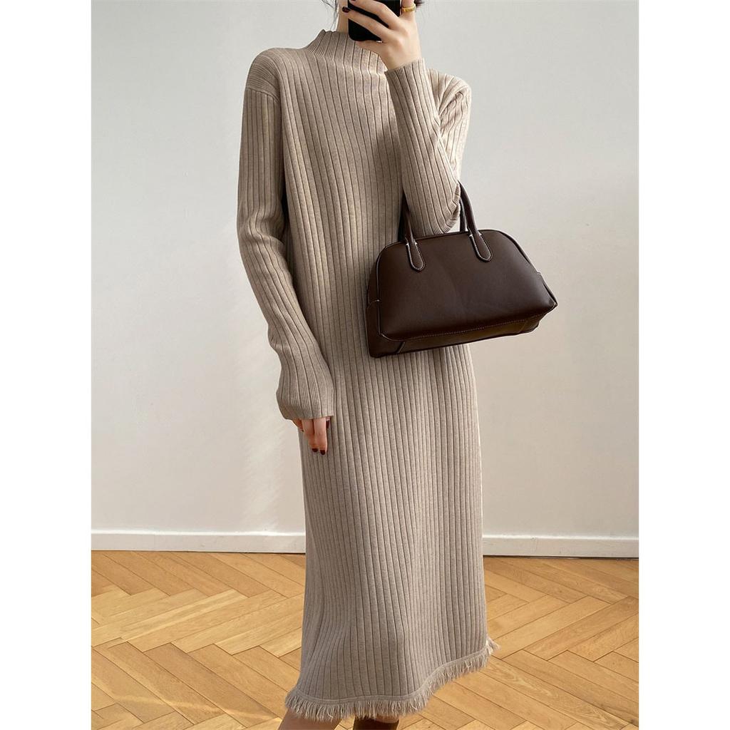 Semi-turtleneck Fringed Sweater Skirt Women's Autumn and Winter Elegant Long New Knee-length Knitted Primer Dress
