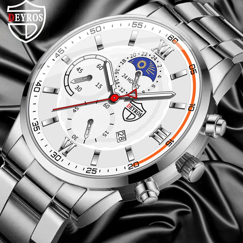 

Мужские кварцевые часы DEYROS с календарем, модные деловые наручные часы из нержавеющей стали с круглым циферблатом, лучшие подарки для него