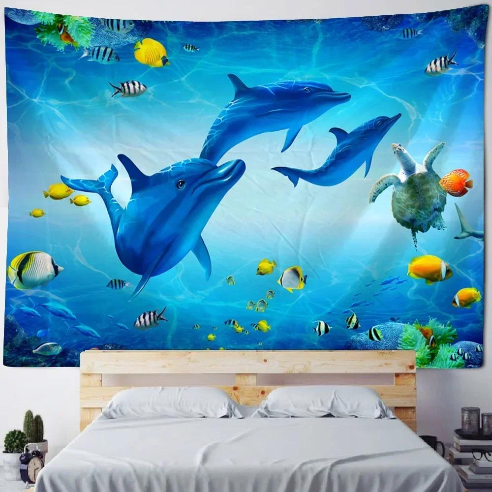 Underwater World Tapestry Wall Hanging Dolphin Shark Seaweed Art Print Tapestry Cartoon Home Sheets Bedroom Wall Decoration