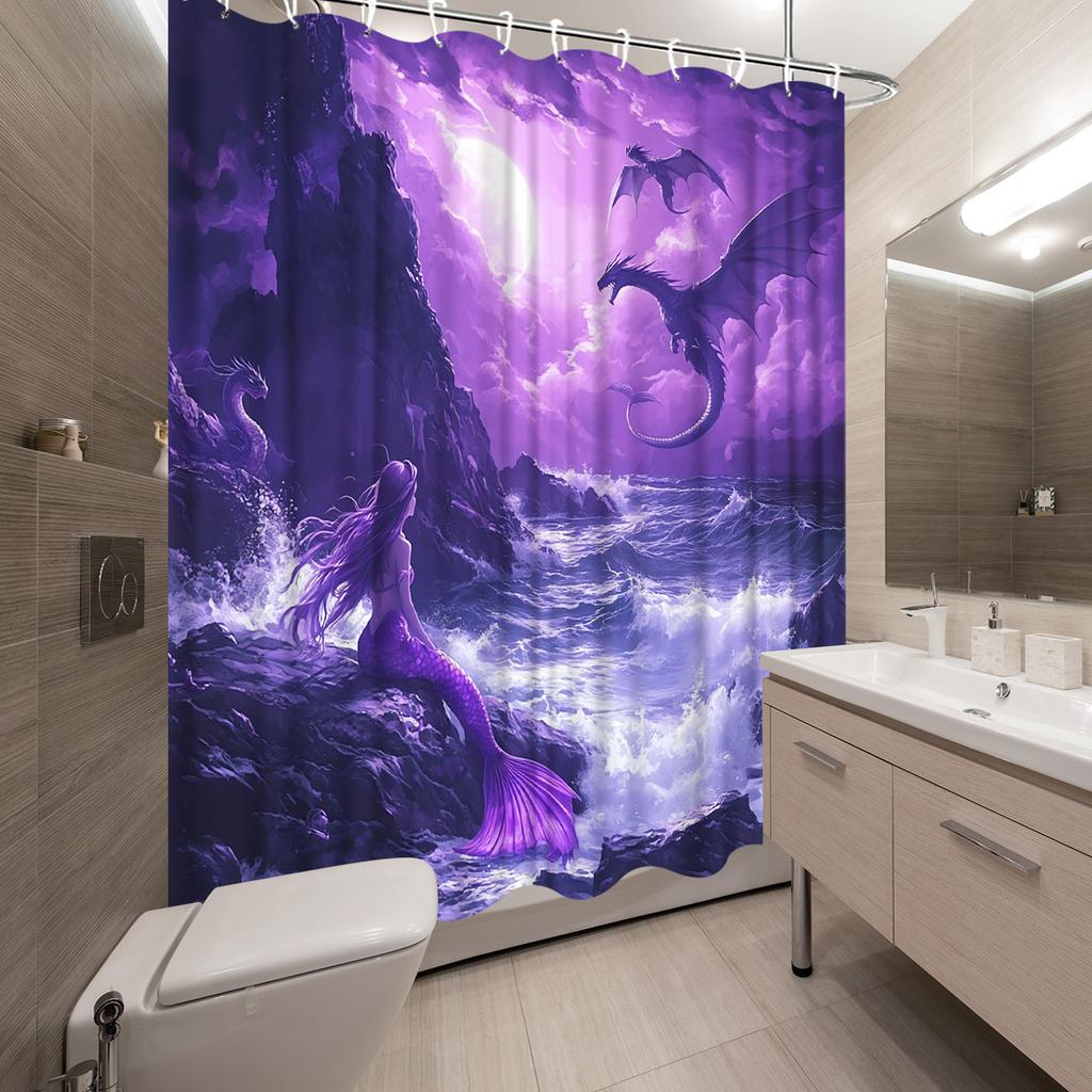 1 st Fantasy Sjöjungfru & Drake Duschdraperi, Lila Hår Svans & Turbulent Hav Design, Fullmåne Polyestertyg, Konstnärligt Badr