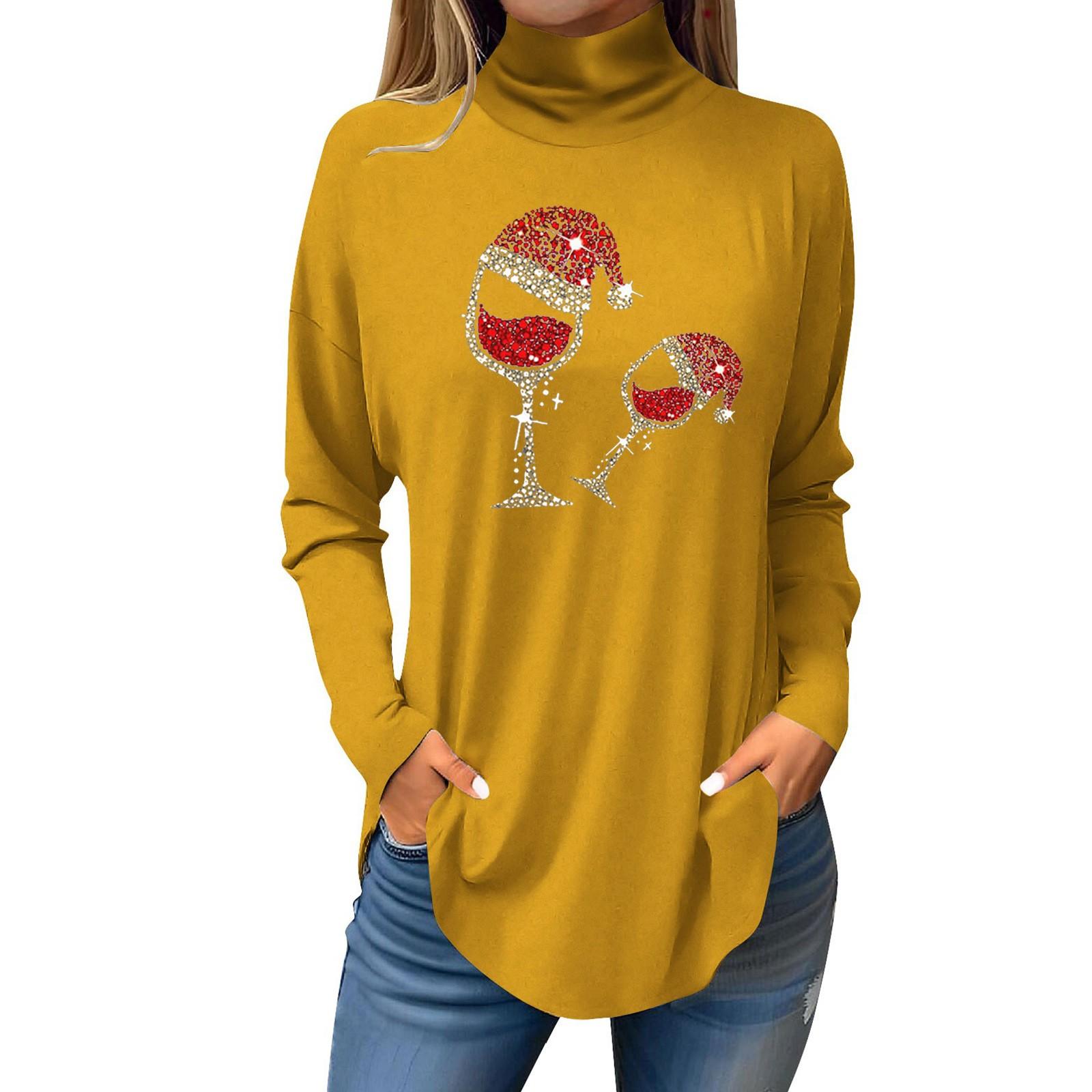 

Женская свободная водолазка с рождественским принтом, футболка с длинными рукавами, топ и джемпер XL жёлтый