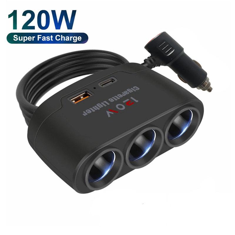 120W hurtiglader Billader Stikkontakt Lighter Adapter 12V-24V PD QC3.0 Intelligent Hurtiglading TYPE-C Dobbel USB Billader Strømadapter Plugg