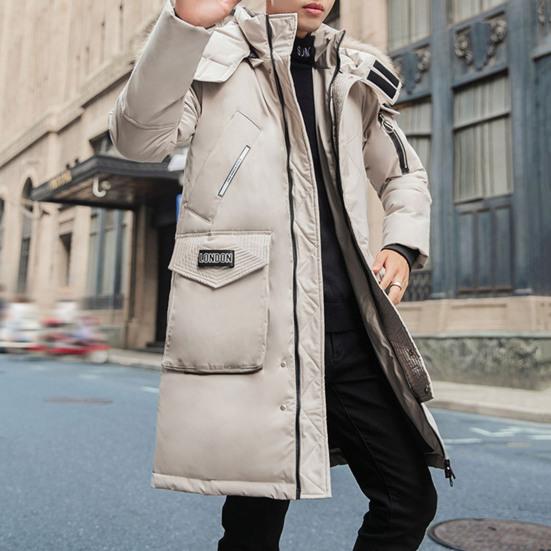 Men Down Jacket Fur Collar Hooded Long Sleeve Solid Color Winter Coat Zipper Placket