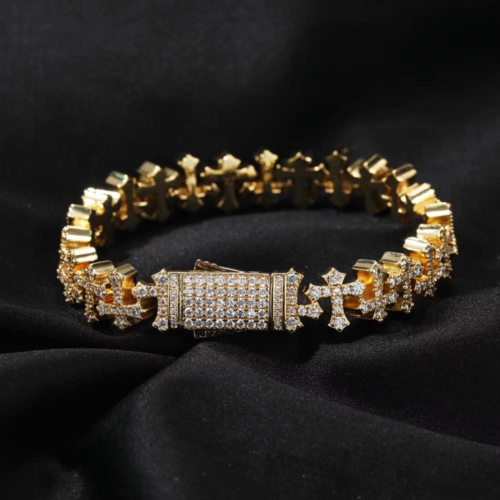 11.5mm Iced Out 5A CZ Brass Cross Link Bracelet Spring Clasp Vintage Religious Hip Hop Jewelry for Men
