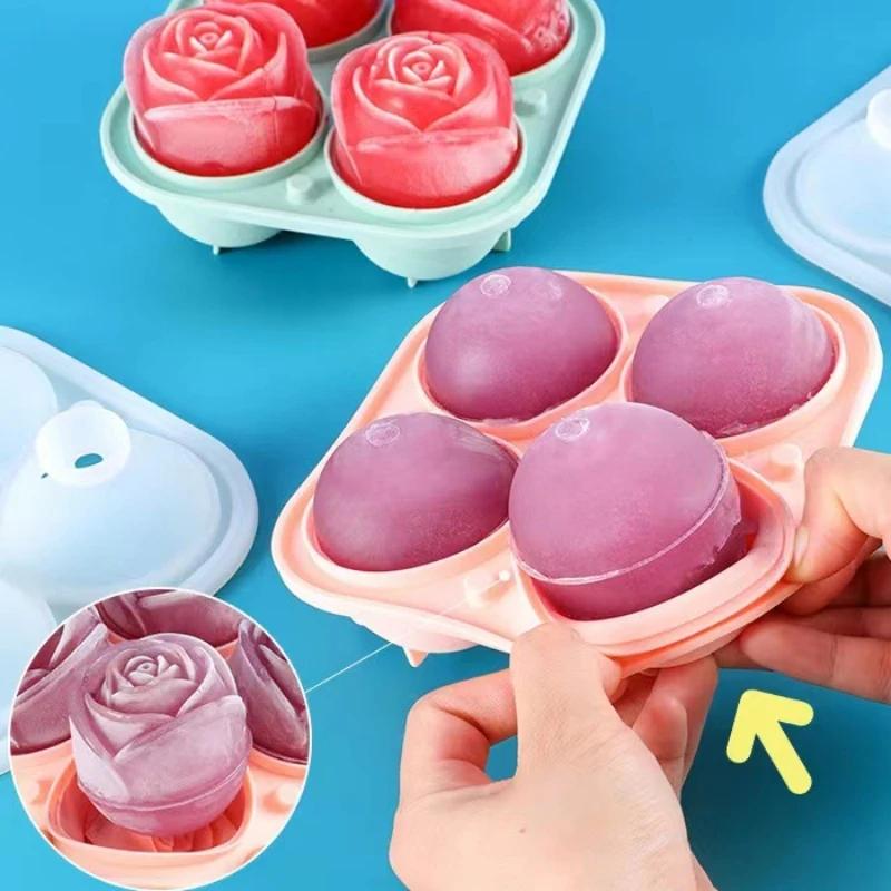 3D Rose Ice Molds 2.5 Inch Large Ice Cube Trays Make 4 Giant Cute Flower Shape Ice Silicone Rubber Fun Big Ice Ball Maker