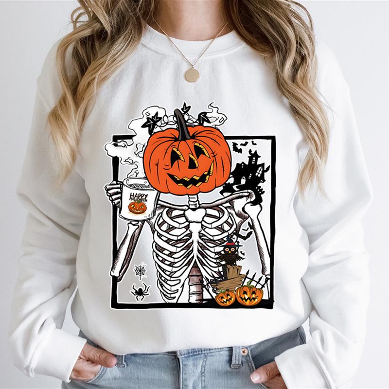 

Европейская и американская толстовка на Хэллоуин с тыквой и скелетом - Топ с длинным рукавом L белый