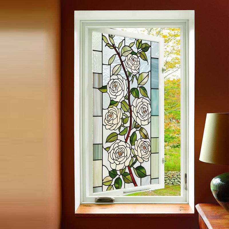 Retro Rose Glass Film Static Cling Self-adhesive Stained Glass Stickers Flower Art Painting Privacy Protection Window Film