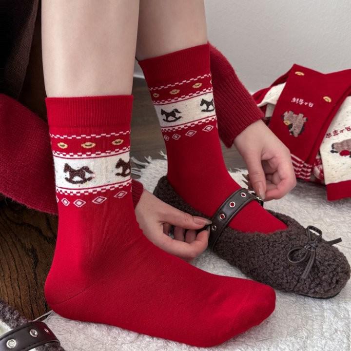 2026 Year of the Horse Women's Thick Red Cotton Socks - Cute Zodiac Mid-Calf for Autumn/Winter