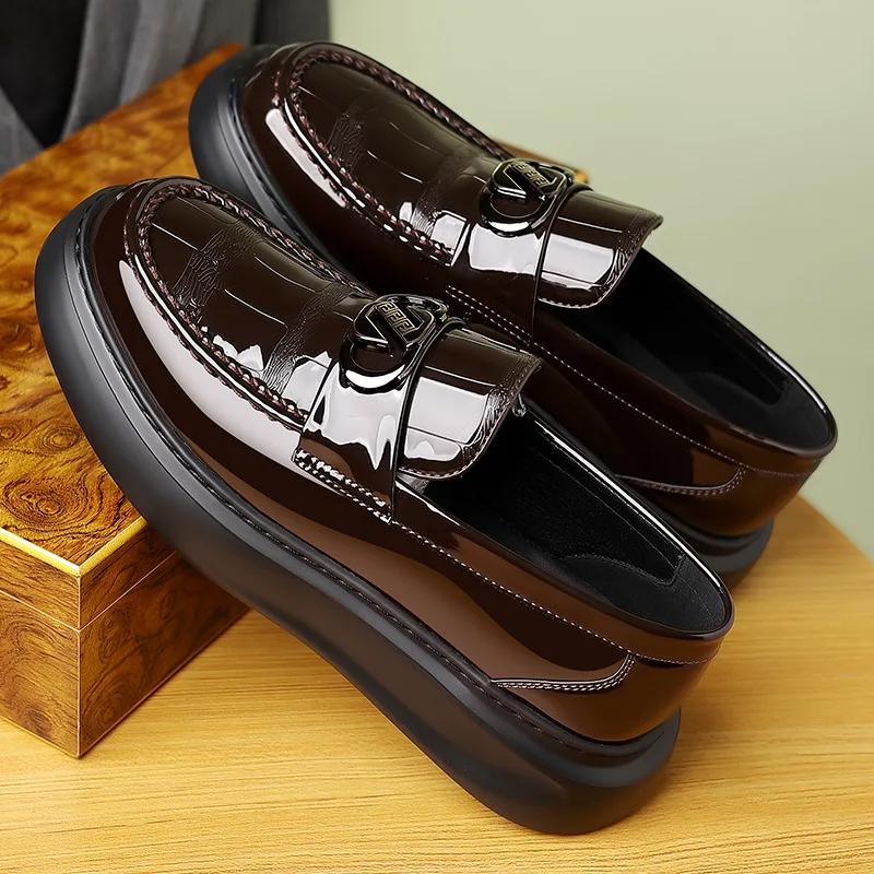 British Style Business Leather Luxury Shoes Men New Fashion Retro Casual Bright Men's Shoes Low Top Platform Korean Loafers Men