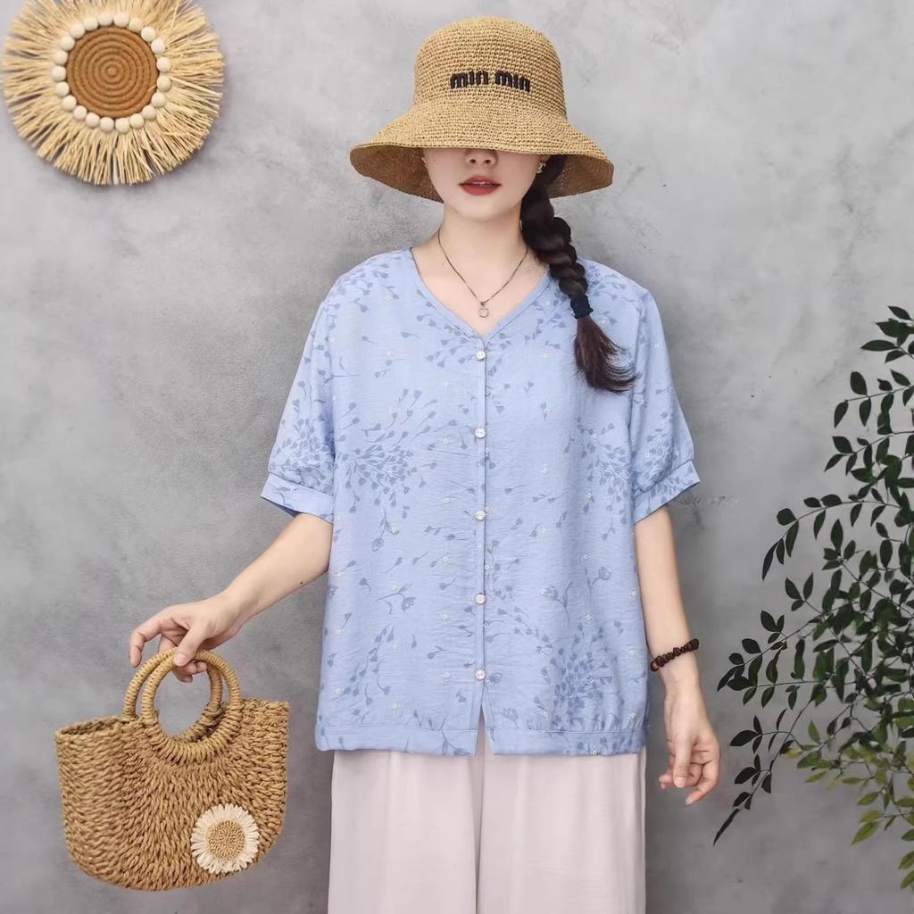 Women's Summer Tencel Linen Printed Short Sleeve Top - Loose Fit, Round Neck
