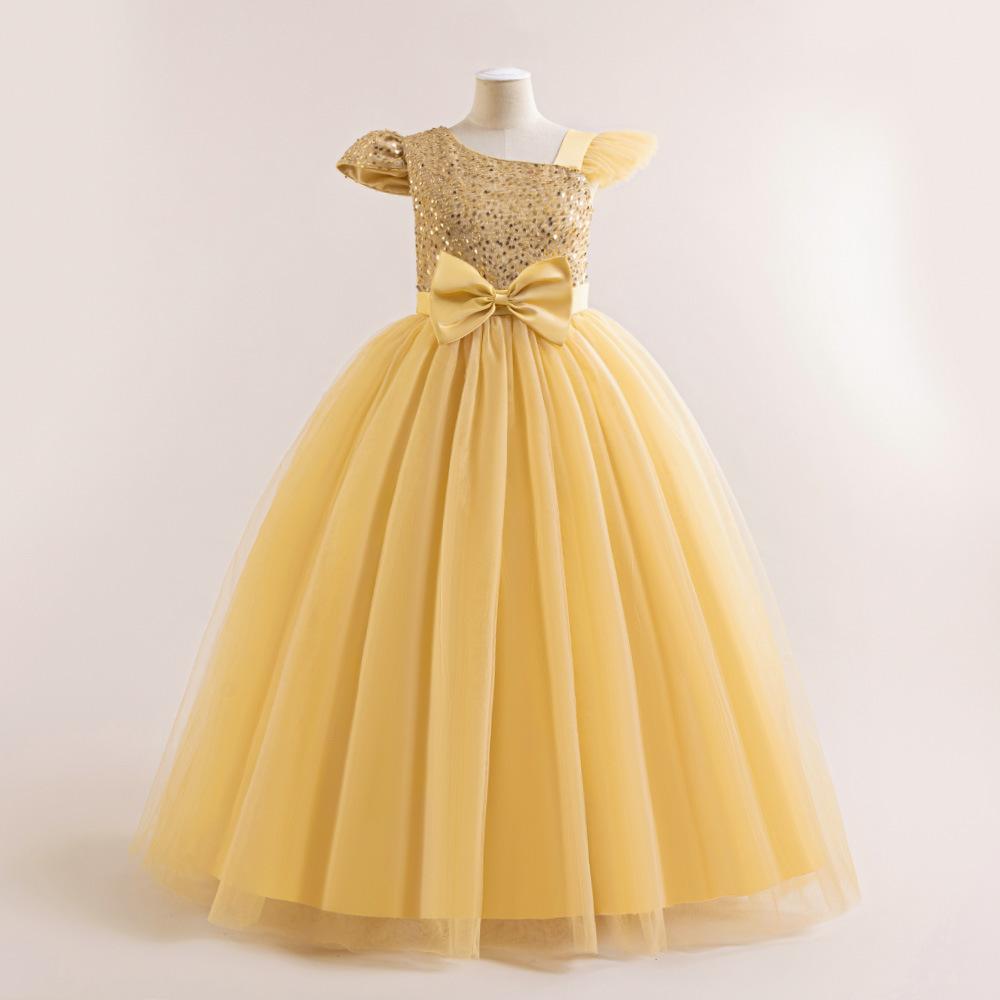 

13-16 лет платье принцессы для девочек-цветочниц на свадьбу, летнее детское торжественное длинное платье с бантом для школьной вечеринки, детская одежда S01 13Y золотой