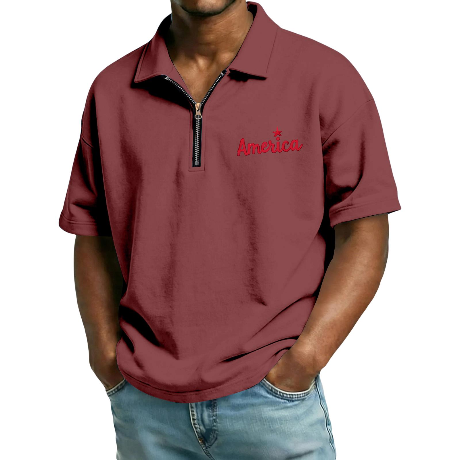 

Men s Casual Loose Fit Short Sleeve Polo Shirt Half Zip Front Independent Day Print Lightweight Comfortable Summer Top XXL