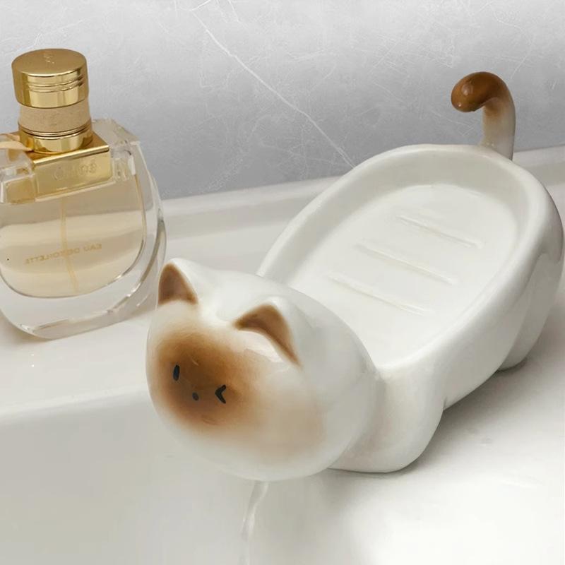 Siamese Cat Ceramic Soap Box, Simplicity, Household Creative, Cute Cartoon, Perforation-Free, Small Art Drain Dish