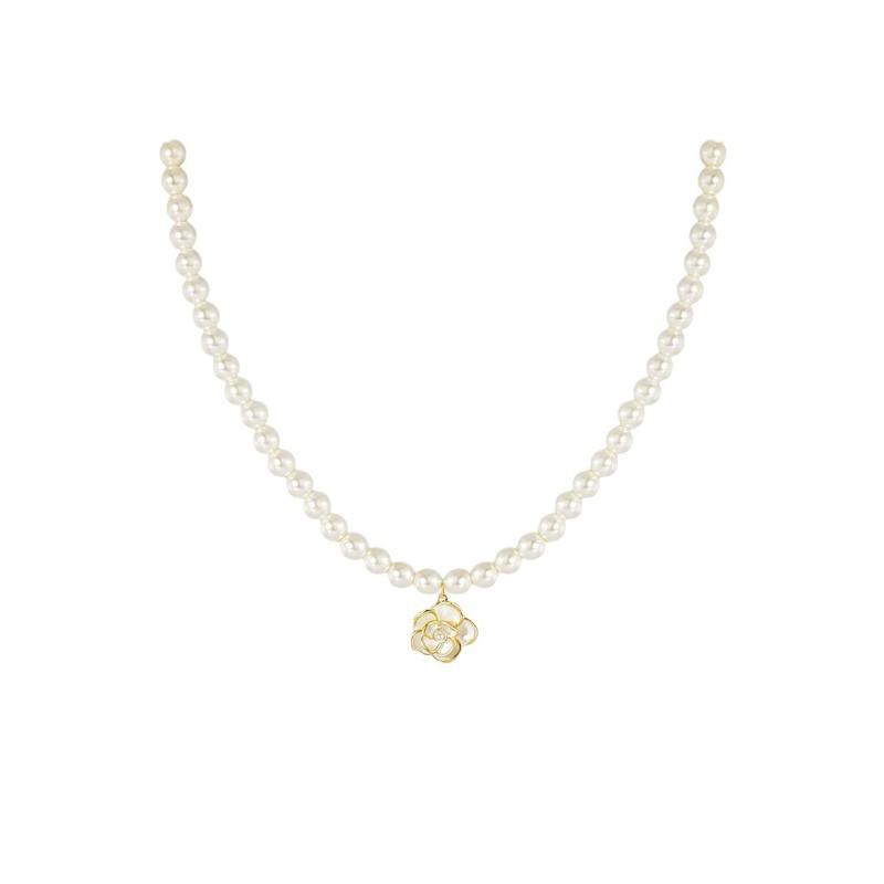 Glass Pearl Dripping Oil Mountain Tea Flower Pendant Necklace for Women - Floral Pearl Collar Chain
