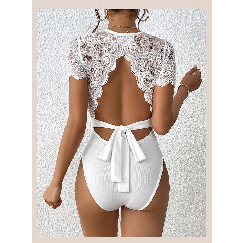 Sommer-Damen-Overall, Spitze, eng, einfarbig, sexy Kurzarm-Overall