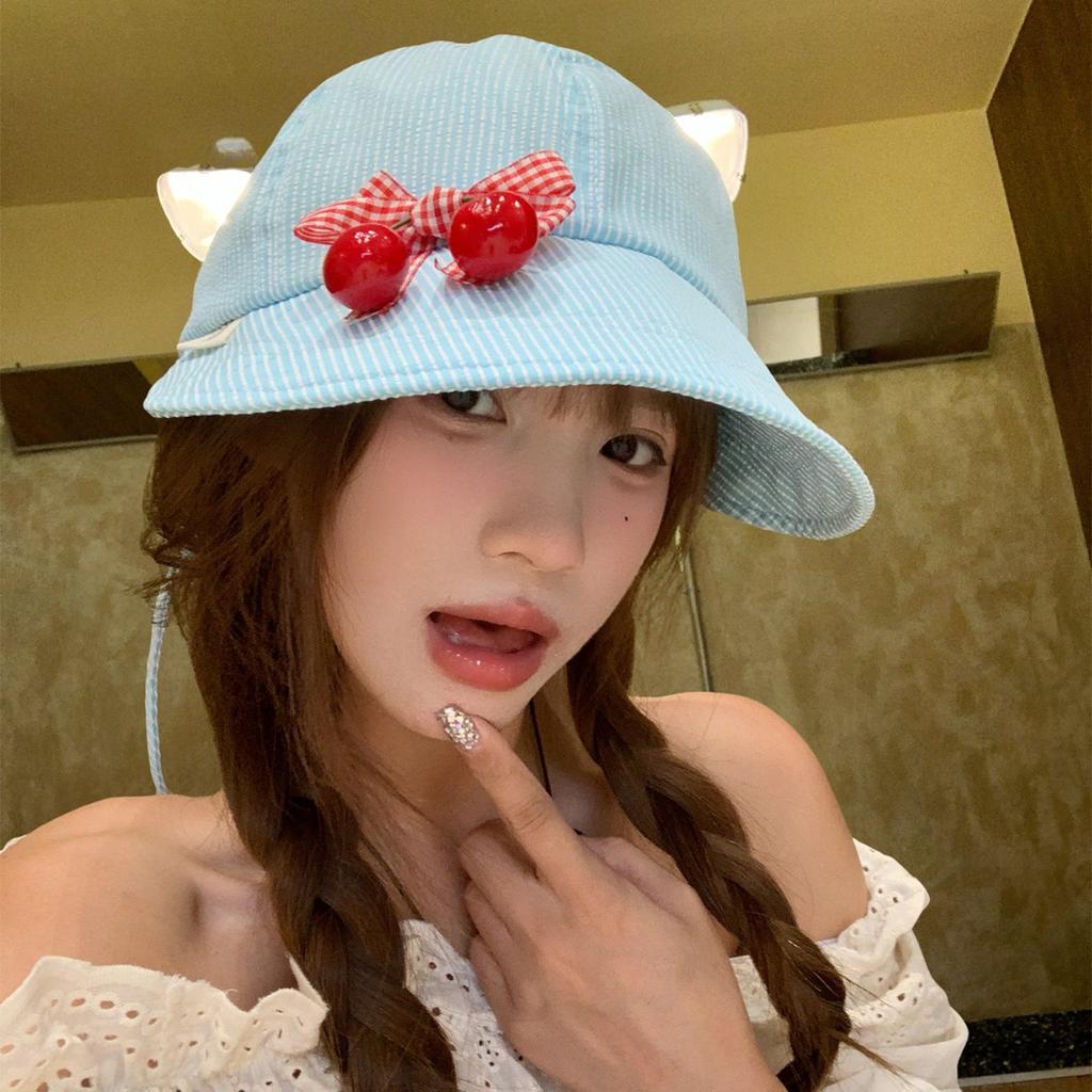 Cute Bow Cherry Quick Drying Bucket Hat Women's Summer Thin Versatile Breathable Striped Sunscreen Hat Basin Hat