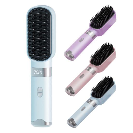 Cordless Hair Straightener Brush 4 Temperature Modes Adjustable LED Display Fast Heating Portable Travel Electric Hot Brush Curly Hair Styling