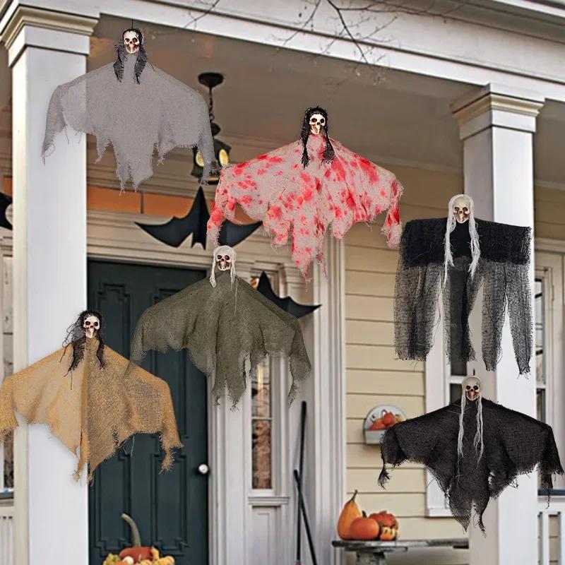 Halloween Horror Decoration Hanging Ghost Skull Props with Flag for Haunted House Outdoor Yard Party Holiday Scene Setup Use
