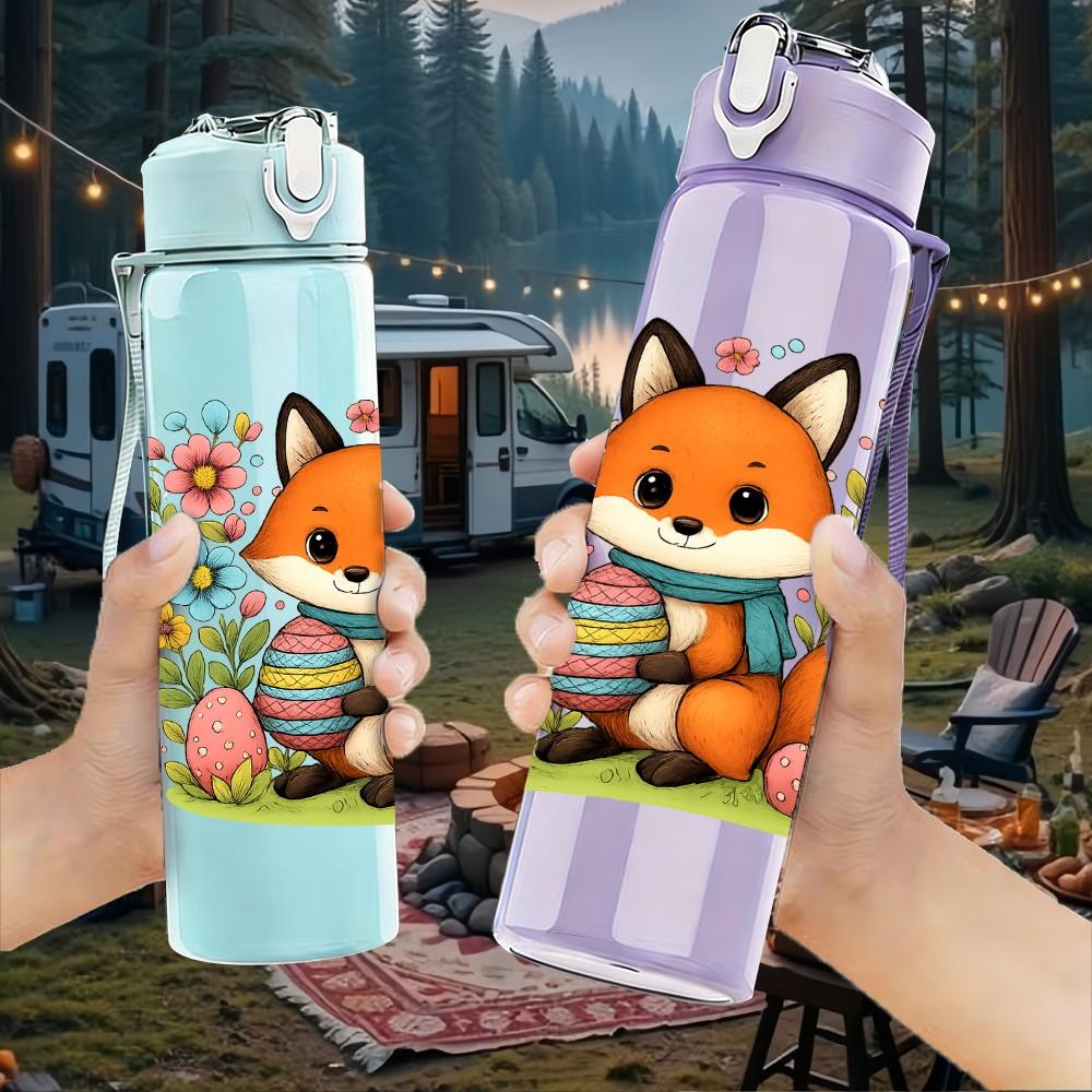 1PC Floral Easter Fox 750ml Color Plastic Sports Water Bottle Leakproof Flip Straw Lid Suitable for Sports Office Home Use