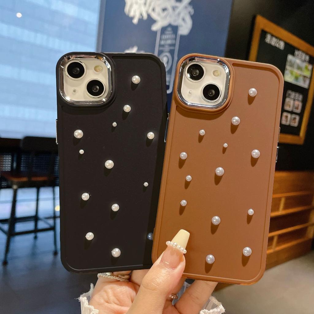 Suitable for Apple 14PROMAX Metal Photo Frame Pearl Solid Color Fashion Phone Case IPhone16 15 Mobile Phone