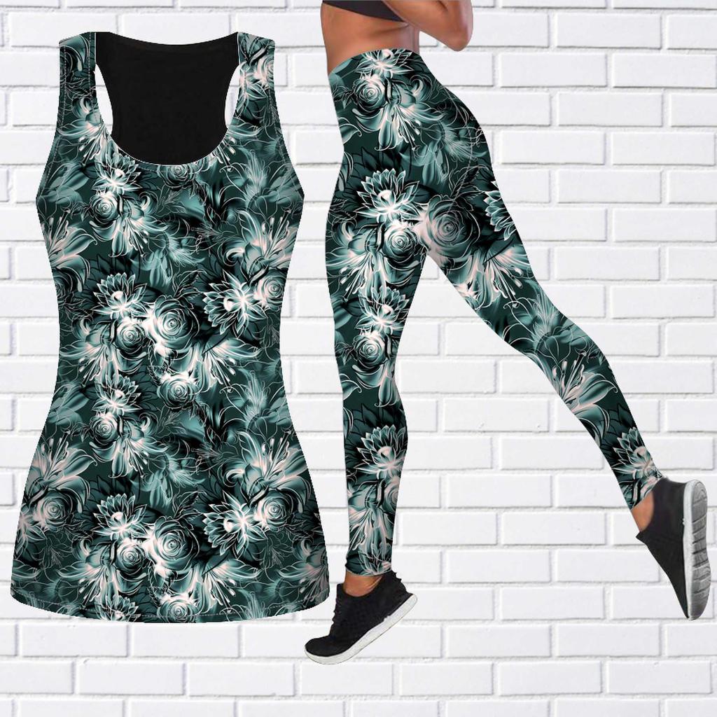 Flower Sea Rose Print Yoga Outfit for Women Fashion Workout Leggings Fitness Sports Casual Yoga Pants