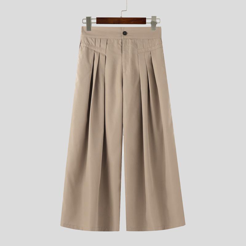 INCERUN Men Ruffled High Waist Trousers Casual Long Wide Legs Pants