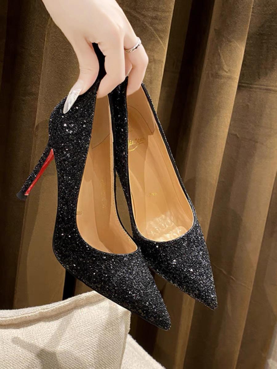 

Черные туфли на высоком каблуке с красной подошвой, женские туфли-шпильки, осень-зима 2025, новые свадебные туфли с блестками и кристаллами, остроносые, профессиональные, сексуальные, одинарные туфли 43