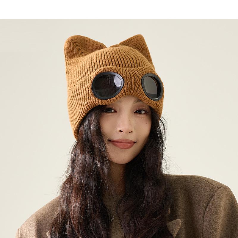 

Зимняя шапка с кошачьими ушками, вязаная шапка-авиатор, шерстяная шапка, бархатная теплая шапка для защиты глаз верблюд